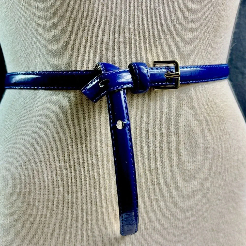 Royal Blue Faux Patent Leather Skinny Belt Womens Med Gold Buckle Casual Dress